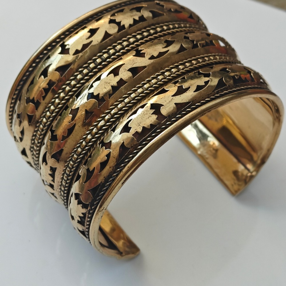 Gold Filigree Wide Cuff Bracelet Floral Openwork Boho Statement Vintage Style